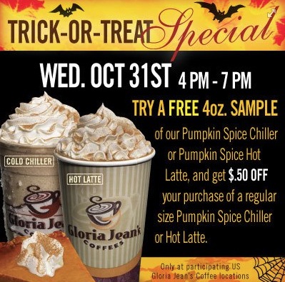 Free Pumpkin Spice Chillers and Lattes at Gloria Jean’s Coffees