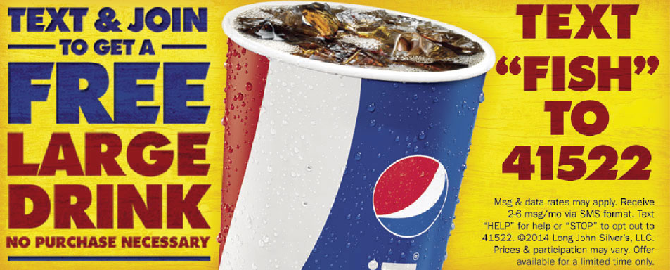 Free Large Drink at Long John Silver’s (Text)