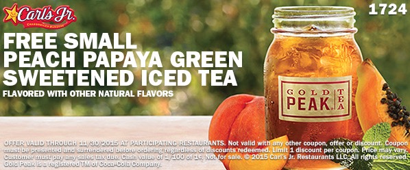 Free Small Peach Papaya Green Sweetened Iced Tea at Carl’s Jr.