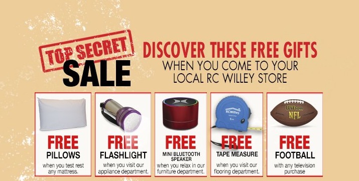 Free Pillow, Flashlight, Mini Bluetooth Speaker, and Tape Measure at RC Willey