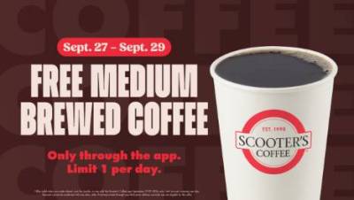 Free Medium Brewed Coffee at Scooter's Coffee (9/27-9/29)