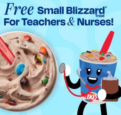 Free Small Blizzard at Dairy Queen for Teachers & Nurses
