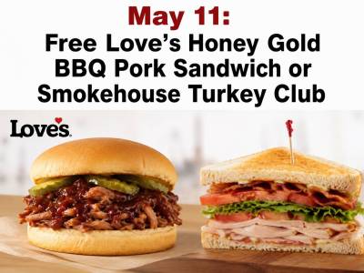 Free Love's Honey Gold BBQ Pork Sandwich or Smokehouse Turkey Club (5/11)